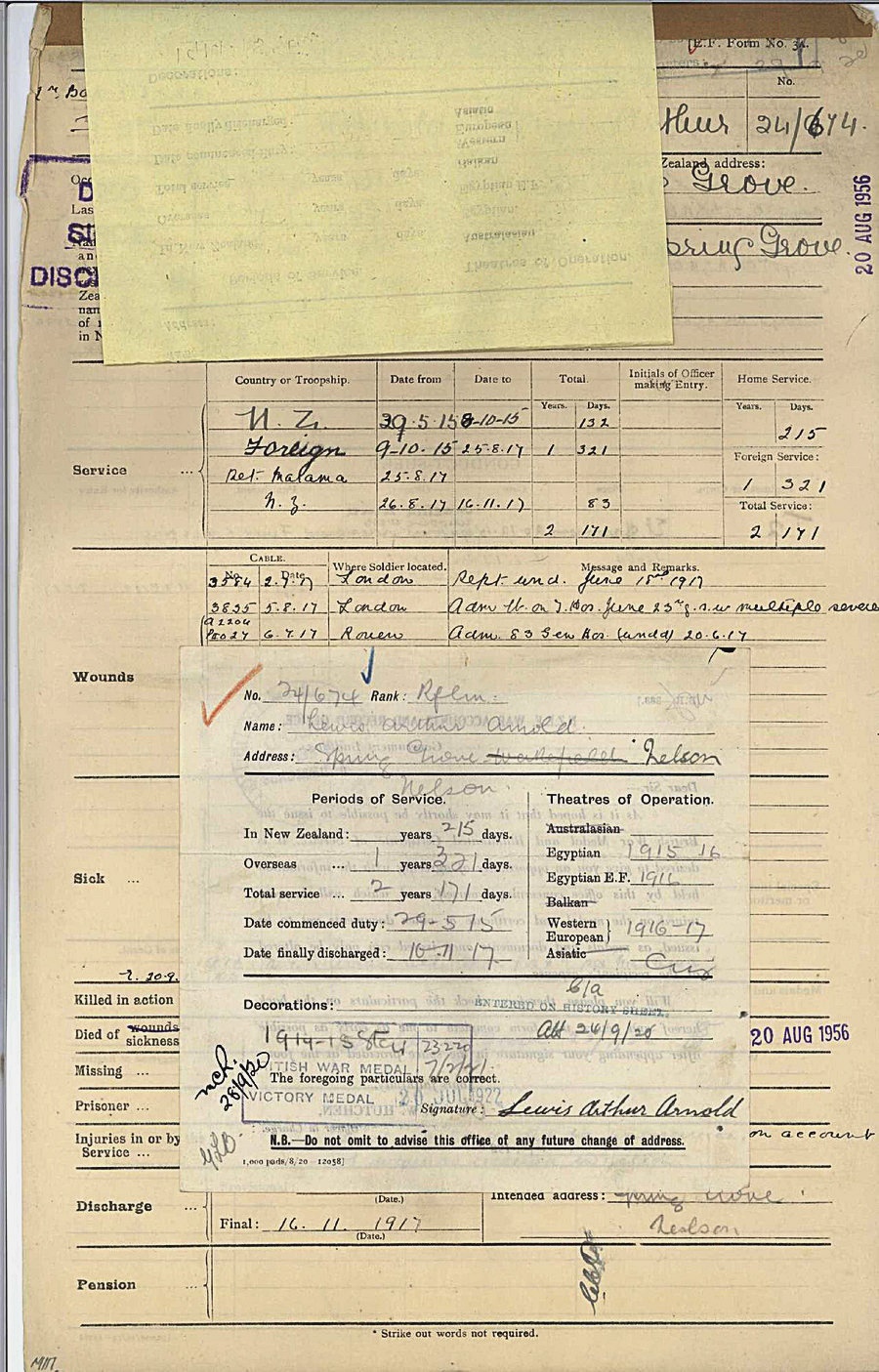 Scan of an army history sheet recording Lewis (Bunny) Arnold being discharged.