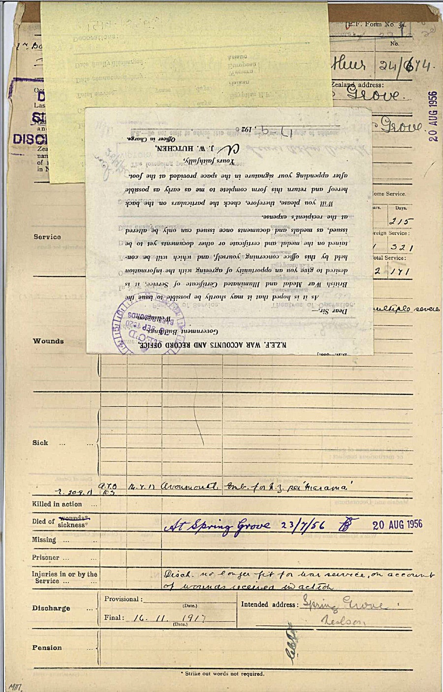 Scan of the second page of an army history sheet recording Lewis (Bunny) Arnold being discharged.