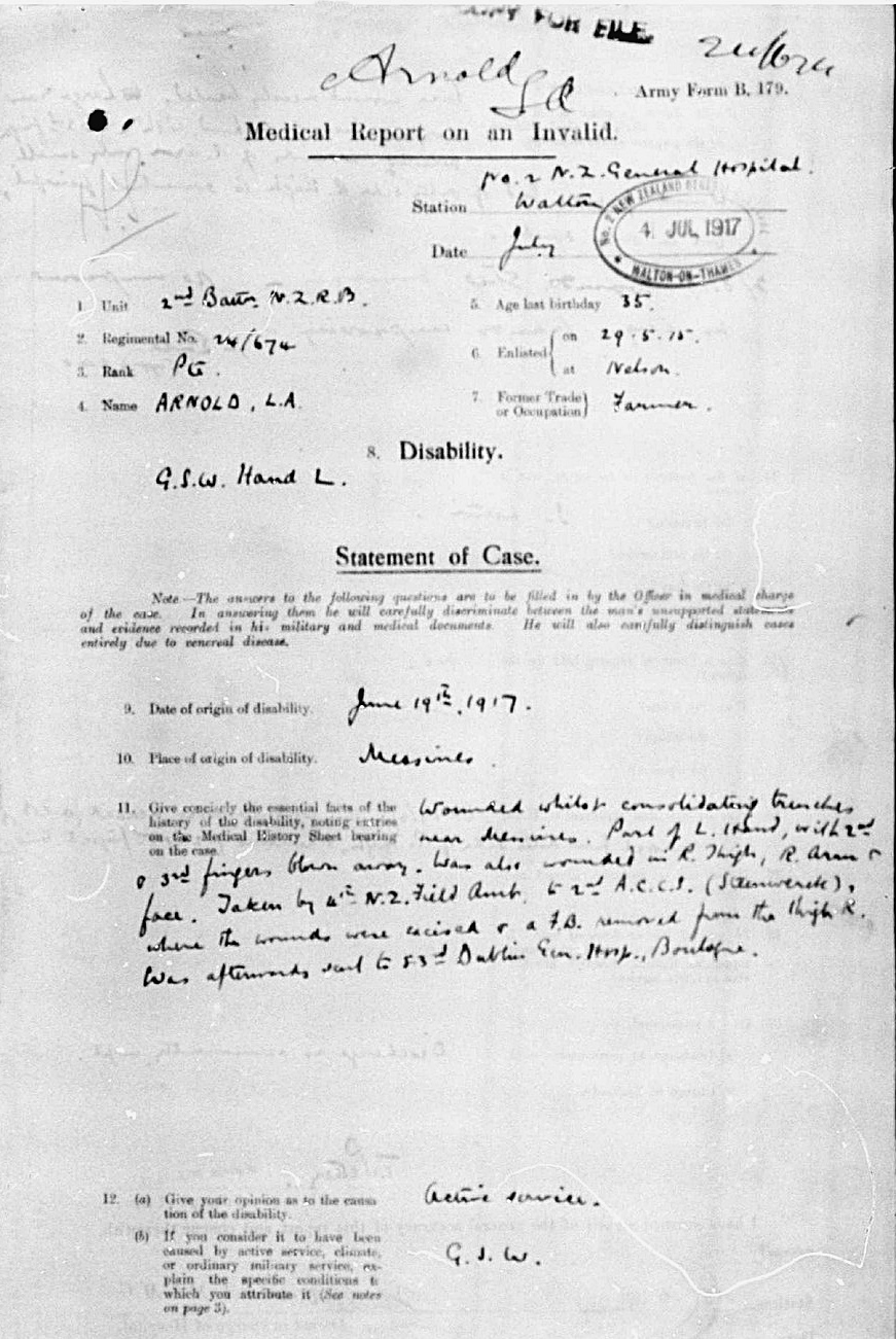 Scan of a medical report for Lewis (Bunny) Arnold as an Invalid.