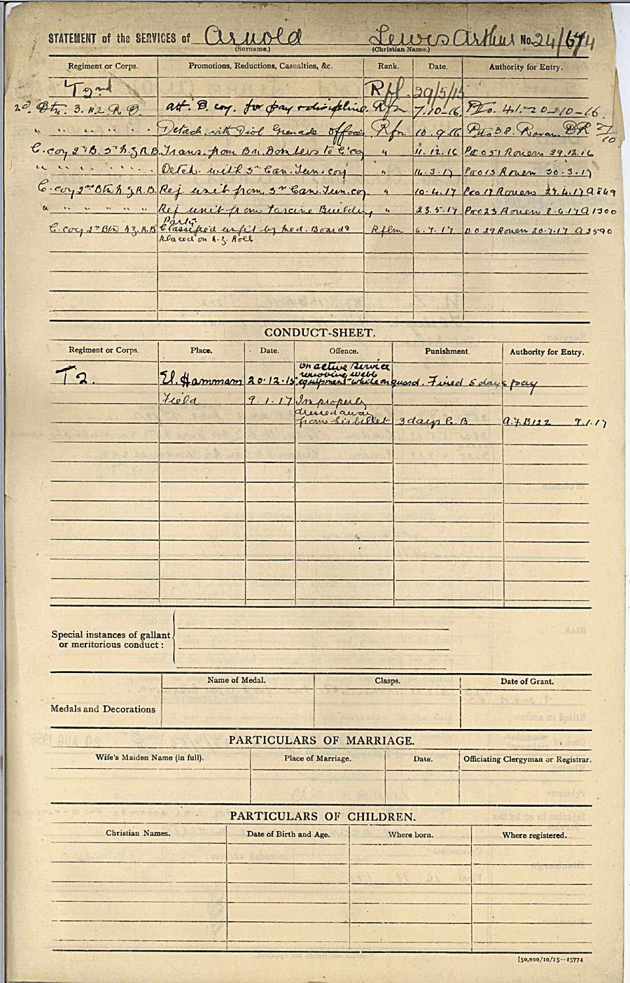 Scan of an army statement of services for Lewis (Bunny) Arnold.