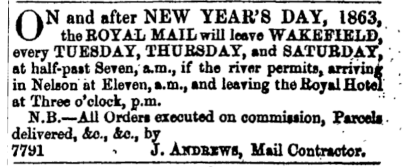 Scanned print of a notice by Mr J Andrews Mail Contractor, 1863.