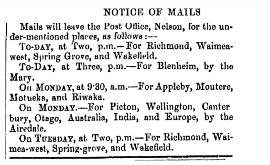 Scanned print of the notice of Mails, 1852.